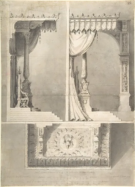 Antonio Basoli, Design for a Papal Throne with Elevations and Sketch of Baldacchino Interior