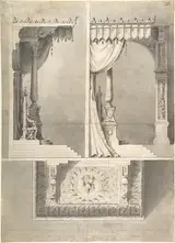 Antonio Basoli, Design for a Papal Throne with Elevations and Sketch of Baldacchino Interior