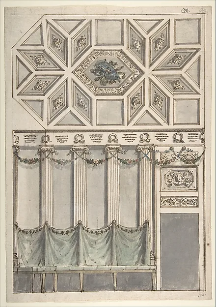 Antonio Basoli, Framed Design for an Architectural Interior: Coffered Ceiling with Central Hexagonal Cartouche and Walls with Floral Ornament and Drapery.