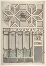 Antonio Basoli, Framed Design for an Architectural Interior: Coffered Ceiling with Central Hexagonal Cartouche and Walls with Floral Ornament and Drapery.