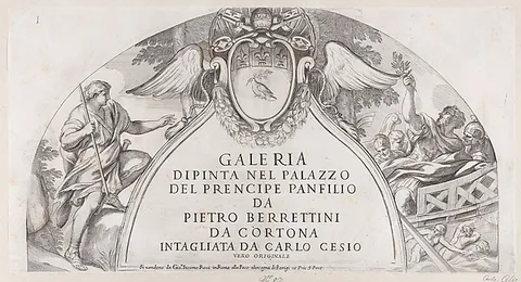 Carlo Cesio, Title page to "Galleria Dipinta nel Palazzo del Prencipe Panfilio" after the ceiling frescoes by Pietro da Cortona depicting the history of Aeneas in the Palazzo Pamphili, Rome