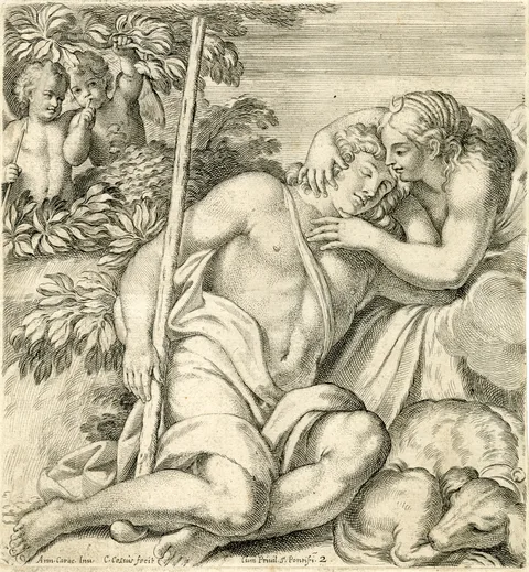 Carlo Cesio, Diana and Endymion (Mythological Scene with a cupid drawing on verso)
