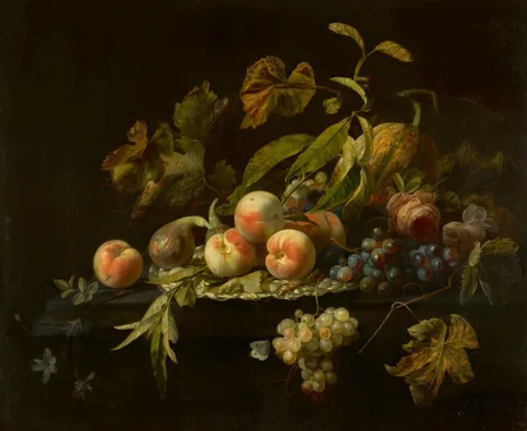 Herman Verelst, Still Life of Peaches, a Fig, a Watermelon, Bunches of Grapes and a  Rose