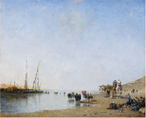 Narcisse Berchère, An Arab Caravan Resting near the Shore