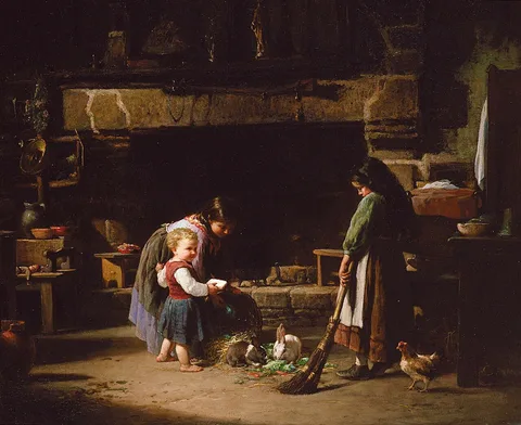 William Henry Lippincott, Farm Interior: Breton Children Feeding Rabbits