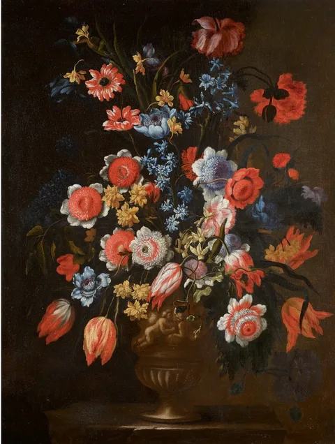 Francesco Caldei, Floral Still Lifes of Bouquets of Flowers in Sculpted Urns