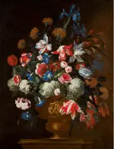 Francesco Caldei, Floral Still Lifes of Bouquets of Flowers in Sculpted Urns, Upon a Ledge