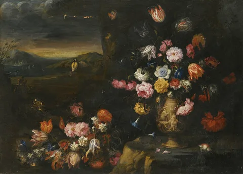 Francesco Caldei, Still Life with Vase of Flowers in a Coastal Landscape Setting