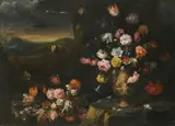 Francesco Caldei, Still Life with Vase of Flowers in a Coastal Landscape Setting