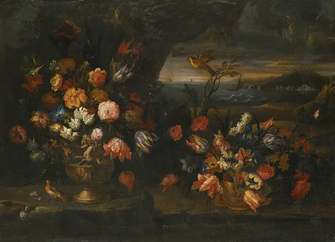 Francesco Caldei, Still Life with Vase of Flowers in a Coastal Landscape Setting (II)