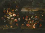 Francesco Caldei, Still Life with Vase of Flowers in a Coastal Landscape Setting (II)