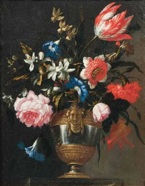 Francesco Caldei, Flowers in a vase with a sculpted mask