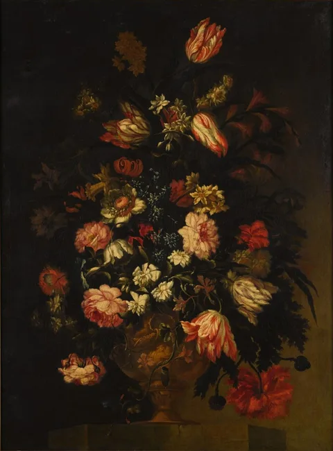Francesco Caldei, Still life of flowers in an urn, including tulips, roses and poppies, all on a stone ledge