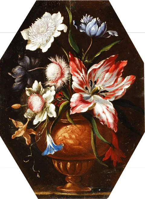 Francesco Caldei, Still life of flowers in an urn on a ledge