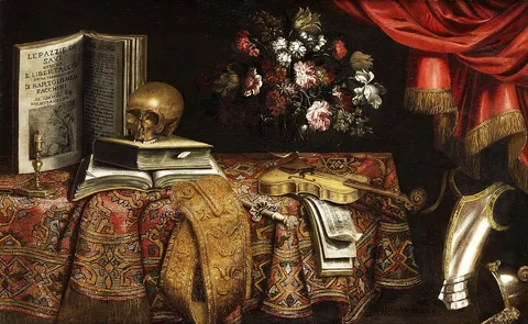 Pierfrancesco Cittadini, Vanitas-Still Life with Violin, Score, Flower Vase and a Skull