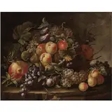 Carlo Manieri, Still Life with Grapes, Apples, Plums, Peaches and Pomegranates on a Stone Ledge