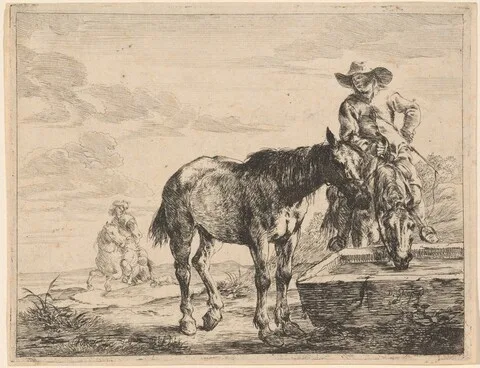 Dirk Stoop, Two Horses Drinking at a Trough