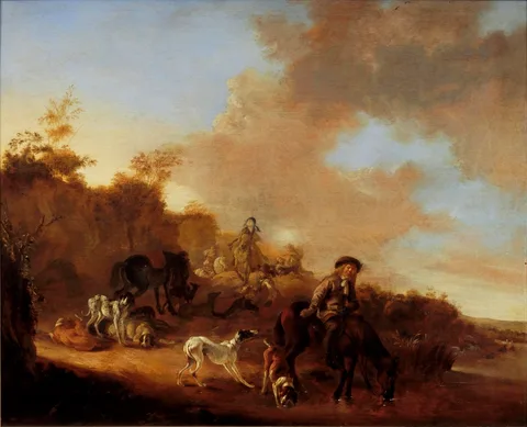 Dirk Stoop, Landscape with horsemen and dogs