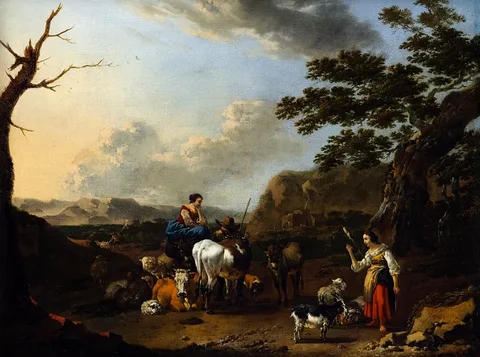 Jan Frans Soolmaker, Southern mountainous landscape with shepherds, their flock and a woman spinning.