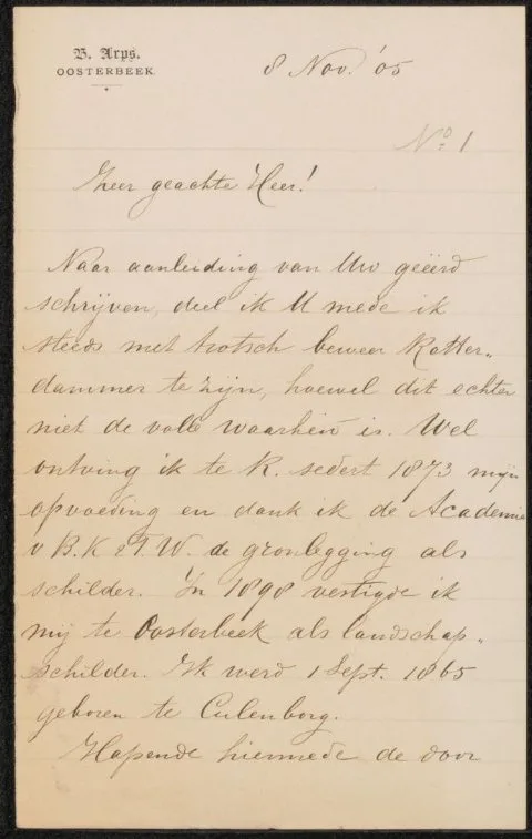 Bernardus Arps, Brief aan Pieter Haverkorn van Rijsewijk