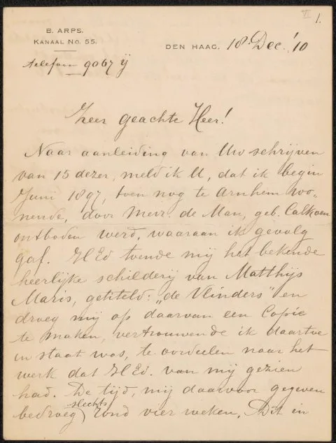 Bernardus Arps, Brief aan Pieter Haverkorn van Rijsewijk