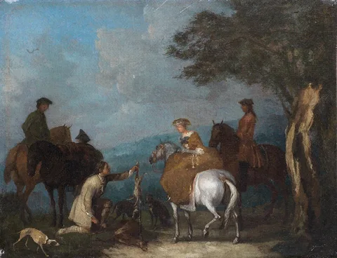 Jan Peeter Verdussen, A huntsman offering game to a lady on horseback