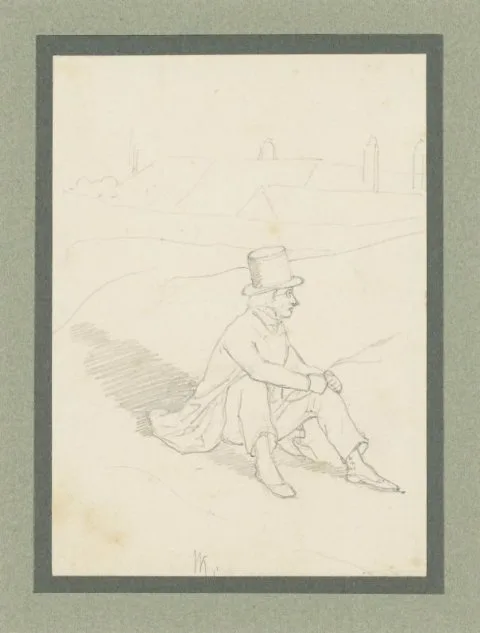 Wilhelm Koller, Zittende jonge man met hoge hoed op, aan de rand van een stad