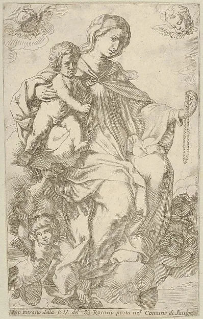 Lorenzo Loli, The Virgin in the clouds holding a rosary in her left hand and embracing the infant Christ, who also holds a rosary, angels surrounding them