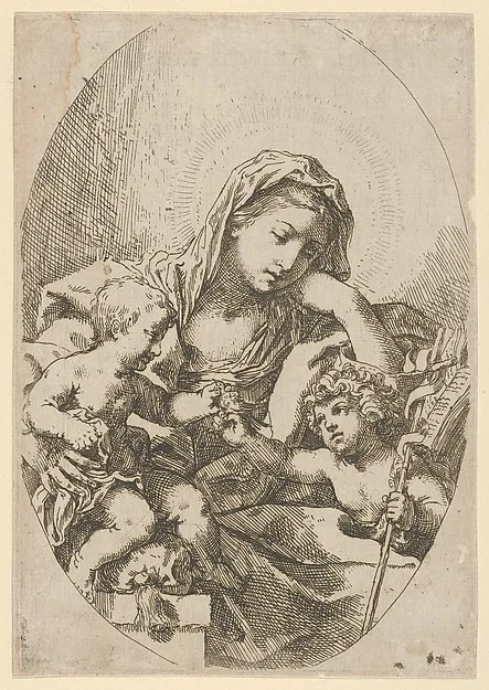 Lorenzo Loli, The Virgin with the Christ Child and the young Saint John the Baptist holding a bird at right, an oval composition, after Reni