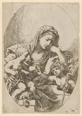 Lorenzo Loli, The Virgin with the Christ Child and the young Saint John the Baptist holding a bird at right, an oval composition, after Reni