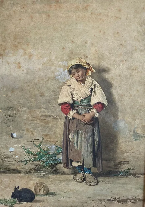 Guerrino Guardabassi, Roma peasant girl observing two rabbits