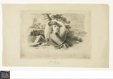 Ignace Joseph De Claussin, Portrait of Paulus Potter in a medaillon in a landscape with cows