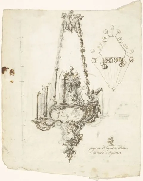 Luigi Valadier, Ontwerp voor een kerklamp met rechtsboven een doorsnede van het bovenaanzicht