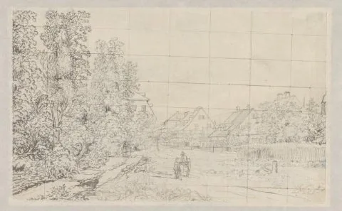 Henry Edridge, Dorpsweg met huizen (in Duitsland?) met twee figuren