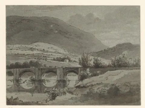 Henry Edridge, Heuvelachtig landschap met brug over een rivier