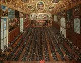 Joseph Heintz il Giovane, The interior of the Sala Maggior Consiglio, The Doge's Palace, Venice, with patricians voting on a bulletin for the election of new magistrates