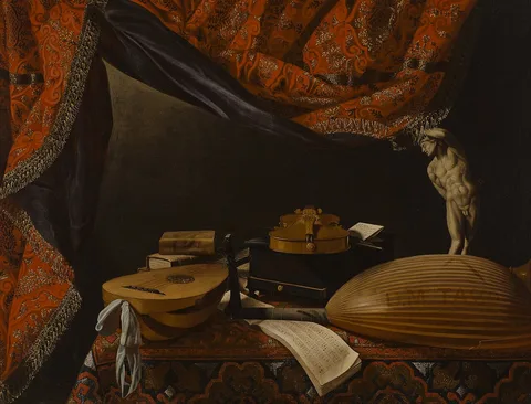 Evaristo Baschenis, Still Life with Musical Instruments, Books and Sculpture