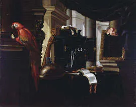 Evaristo Baschenis, Still life with musical instruments and a parrot.