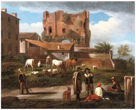 Norbert van Bloemen, Figures conversing along a path with cattle grazing, the triumphal Arch of Janus Quadrifrons, Rome, in the background