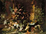 Nicola van Houbraken, Still life with potted plants and roses, a dog, a basket of apples, fennel, and a semi-plucked rooster, a bread roll on a plate and a wine-glass