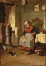 Olaf Simony Jensen, Rural interior with a woman knitting and cats playing with a ball of yarn.