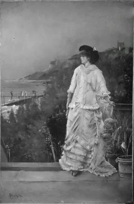 Alfred Stevens, woman in roses, standing on a terrace