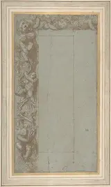 Alessandro Allori, Design for Ornamental Border with Foliage, Putti and a Lion's Head