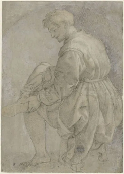 Alessandro Allori, Zittende man die zijn kous aantrekt