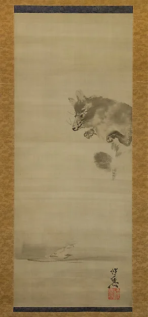 Kawanabe Kyōsai, Tanuki (Racoon  Dog) Viewing Its Reflection in Water