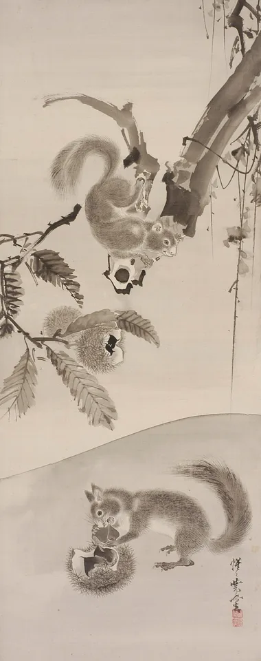 Kawanabe Kyōsai, Squirrels Eating Chestnuts