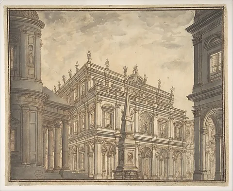 Ferdinando Galli-Bibiena, Design for a Stage Set: A Town Square with a Fountain