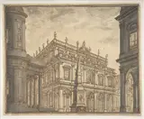 Ferdinando Galli-Bibiena, Design for a Stage Set: A Town Square with a Fountain