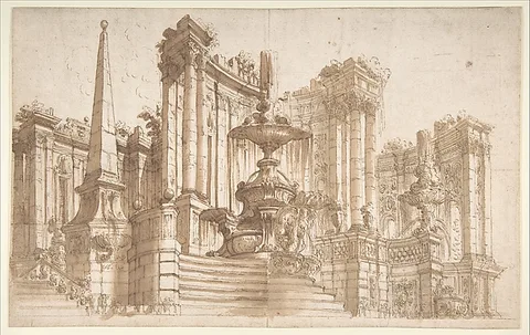 Ferdinando Galli-Bibiena, Design for a Stage Set: Semi-Circular Architectural Ruins, Fountains, and an Obelisk
