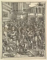 Domenico Campagnola, The Massacre of the Innocents (Right side) with group of male figures attacking women and children; classical buildings in the background